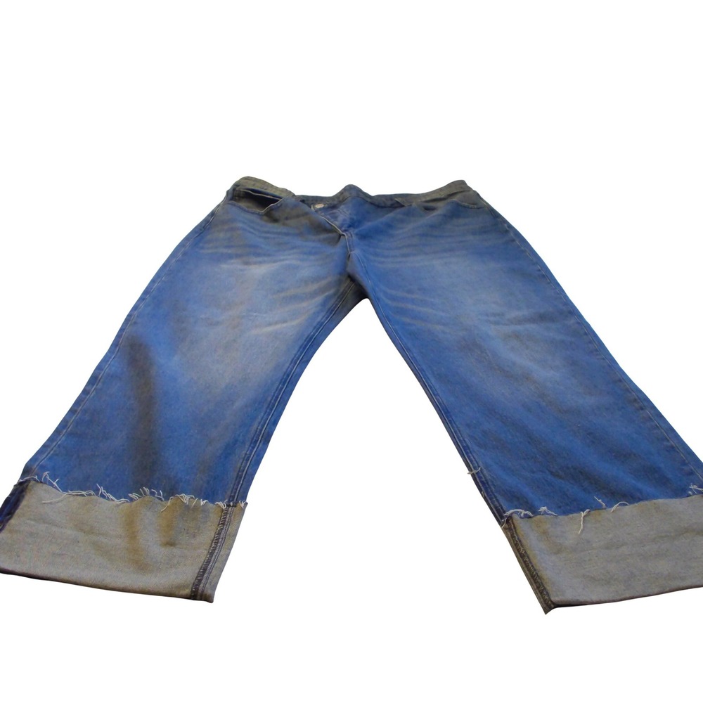 Blue Artemis Straight Leg Jeans Medium Wash Raw Frayed Hem Cuff Size 12